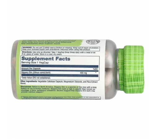 Красный вяз, Solaray Slippery Elm, 100 вегетарианских капсул