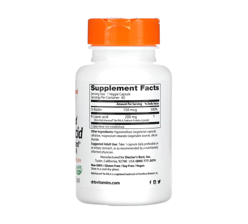 R-липоевая кислота, Stabilized R-Lipoic Acid with BioEnhanced Na-RALA, Doctor's Best, 60 вегетарианских капсул