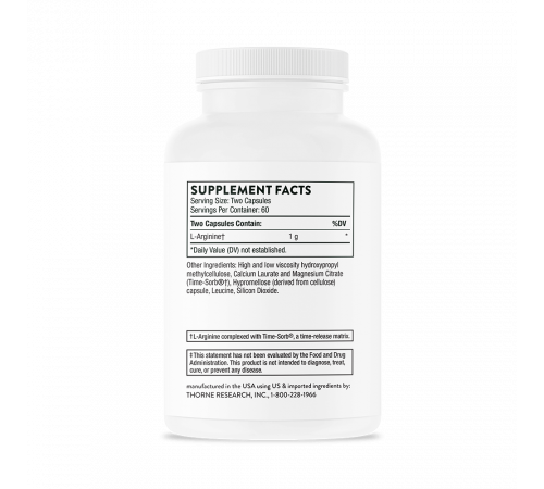 L-Аргинин, L-Arginine, Thorne, 120 капсул