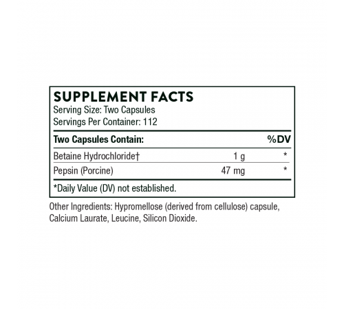 Бетаингидрохлорид и пепсин, Betaine HCL, Pepsin, Thorne, 225 капсул