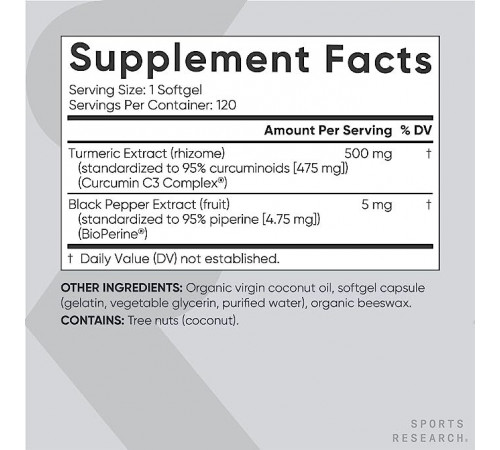 Комплекс с Куркумином с Биоперином, Turmeric Curcumin C3 Complex, Sports Research, 120 капсул