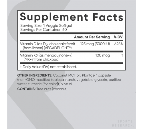 Витамин Д3+К2, Vitamin D3+K2, Sports Research, 60 капсул